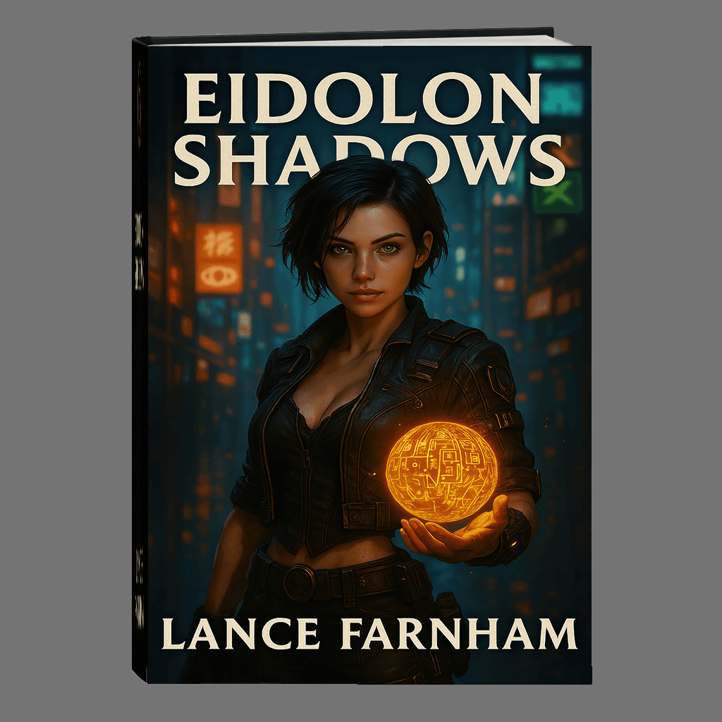 Dark sci-fi book cover featuring shadowy figures and cosmic elements for the Eidolon Shadows series