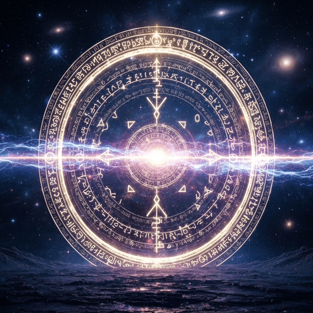Mystical sci-fi lore portal with ancient symbols and ethereal lighting representing the Tenebrica universe