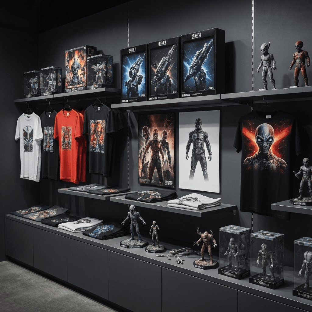 Display of sci-fi merchandise including t-shirts, posters, and collectibles from the Tenebrica universe